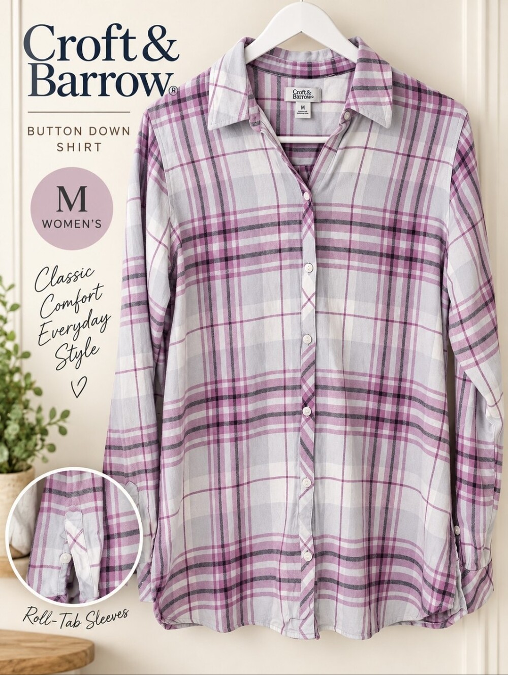 Croft & Barrow Purple Plaid Button Down Shirt Size M